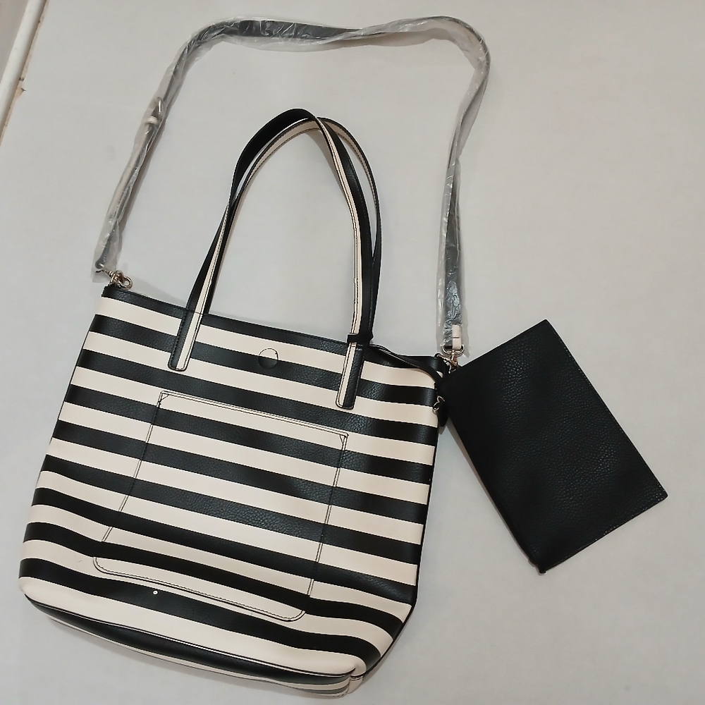 Black and White Striped Tote Bag with Pouch
